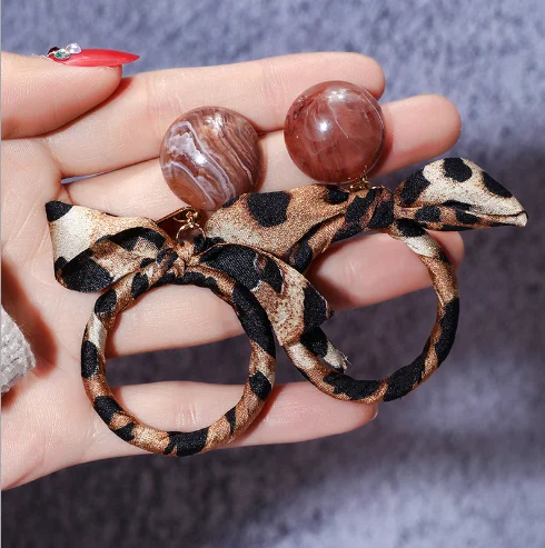 Korean Style Lady Round Brown Acrylic Earrings Bowknot Leopard Cloth for Women Jewelry Accessories | Украшения и аксессуары