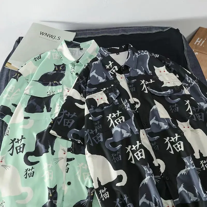 Men Hawaiian Shirt Summer Mens Hawaiian Shirt 3D animal black cat Printed Short lapel Sleeve Big Size Hawaii Men Beach Floral Shirts
