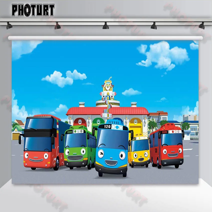 Фотофон маленький автобус тайо фотография Фон Дети День Рождения Вечеринка фон