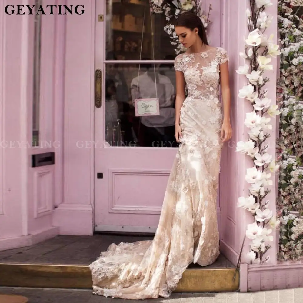

Champagne Lace See Through Fishtail Wedding Dress 2020 Short Sleeve 3D Floral Flowers Court Train Backless Wedding Dresses Gowns