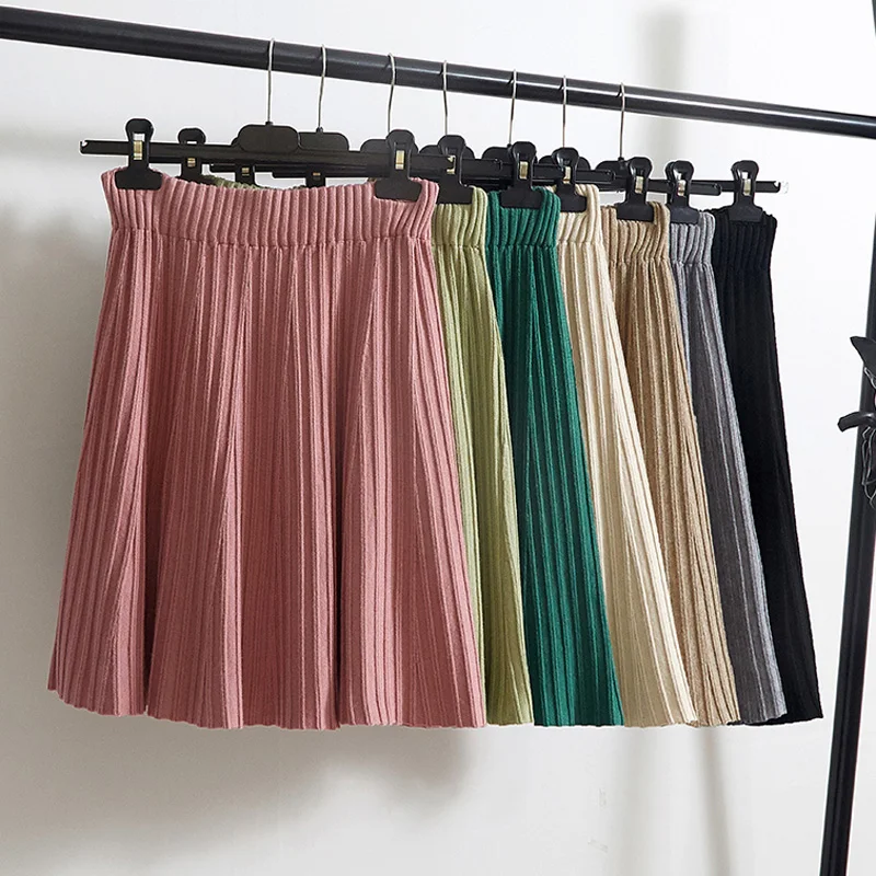 Осенне-зимние повседневные плиссированные трикотажные мини юбки для женщин, высокая талия, корейский студенческий тонкий сплошной цвет, юбка, 7 цветов