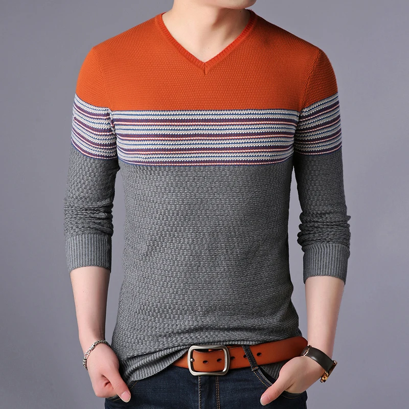 Новинка, модные брендовые свитера с v-образным вырезом, мужские пуловеры в полоску, облегающие вязаные Джемперы, осенняя повседневная мужская одежда в Корейском стиле