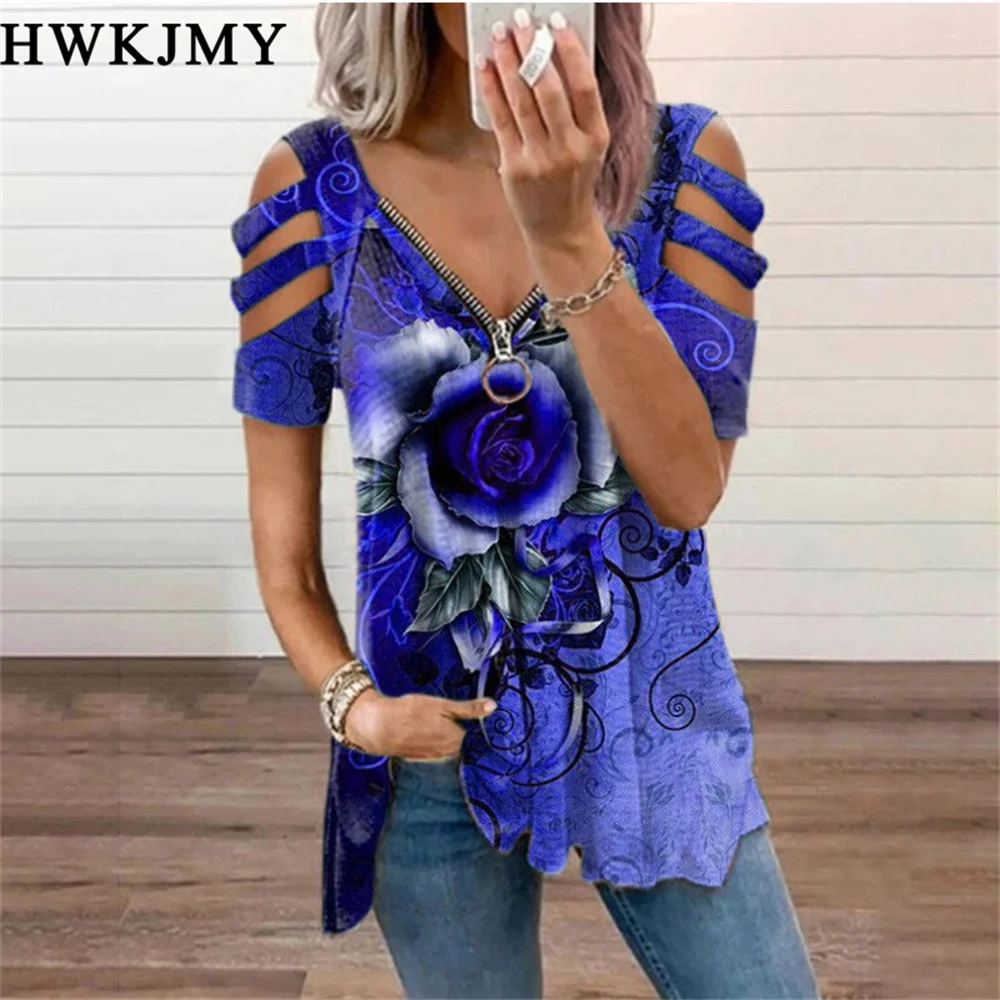 Summer Women's Clothing Casual V-neck Off Shoulder Short Sleeved Tops Zipper Tee Ladies Printing Shirts Loose Cotton T-shirt