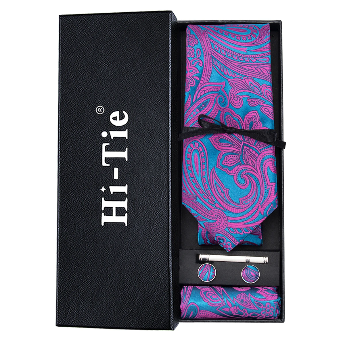 HT-1622 Men Silk Ties Red Cravat Gold Luxury Floral Necktie Set Cufflinks Colorful Tie Clip Gift Box for Wedding Business Hi-Tie HT-1657 - Color: HT-1622