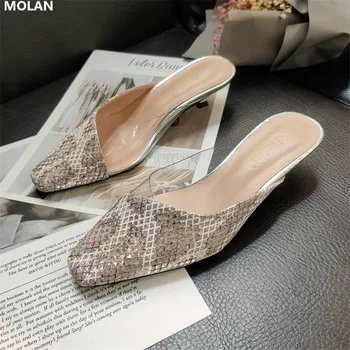 

MOLAN Brand Designers 2020 Summer Fashion Luxury Snake Striped Kitten Heels Genuine Leather Lady Pumps Loafers Mules Flip Flops