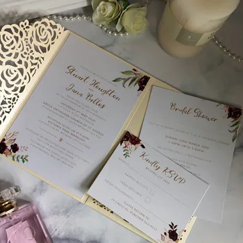 

50- Personalized DIY Roses POCKET FOLD WEDDING INVITATION CARDS WITH ENVELOPES