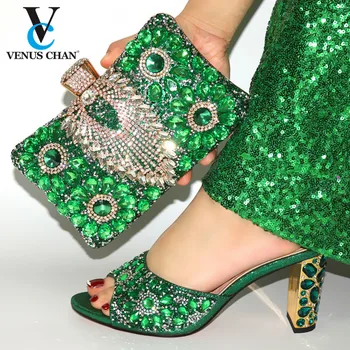 

Fashion Rhinestone Woman Shoes And Matching Bag Set Novelty Style Green Color Pumps Shoes And Bag Set For Party Wedding