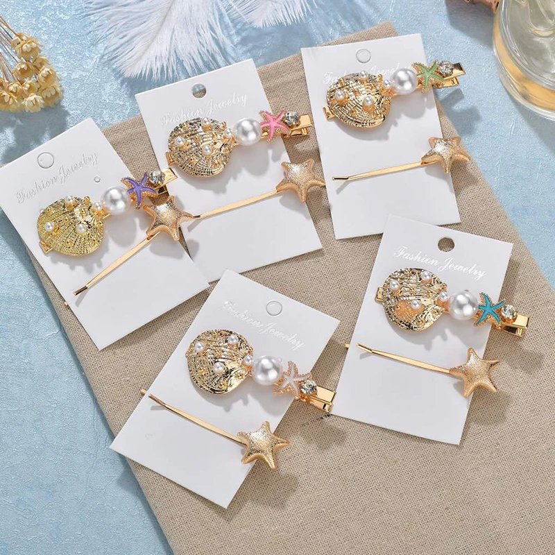 

Modyle 2019 INS Sea Star Acrylic Hair Clips For Women Girls Shell Pearl Metal Barrettes Hairpins Sweet Beach Hair Accessories