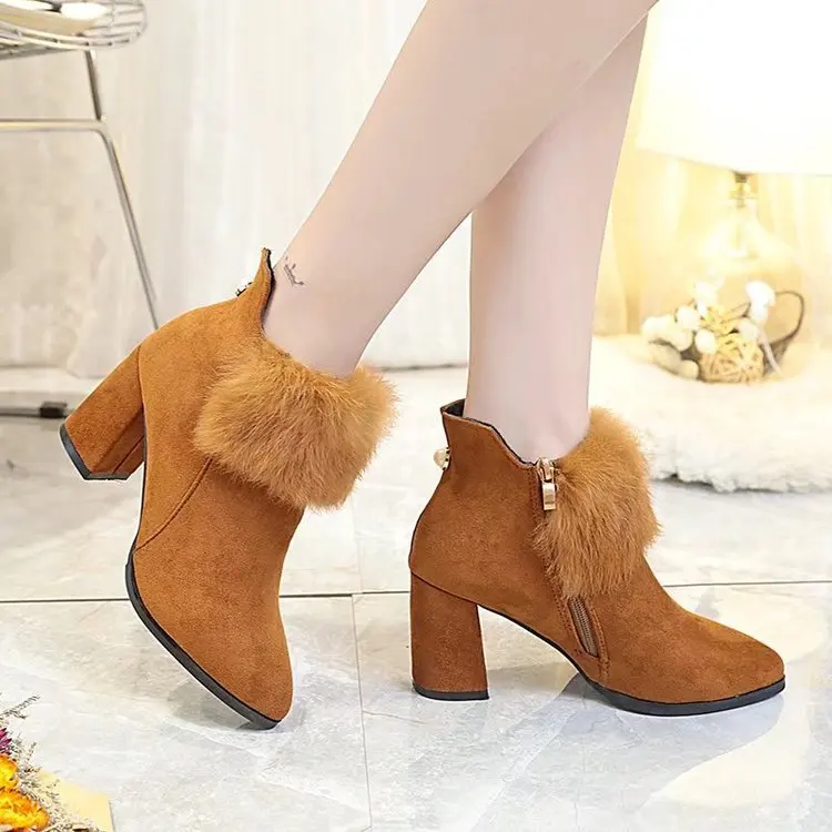 

2017 Autumn And Winter New Style Dull Polish Suede Pointed Toe Side Zipper Pearl Low-Top WOMEN'S Ankle Boots Chelsea Boots