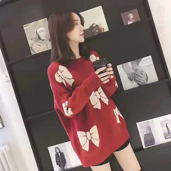 

Women Long Sleeve Sweaters Knitted Tops O Neck Bow Tie Pullovers Printed Sweaters