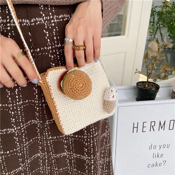 

Girls Mini Cute Sweet Crochet Flap Handbag Femaleknitting Cartoon Hamburg Ice Cream Messenger Bag Tiny Coin Lipstick Purse Bag
