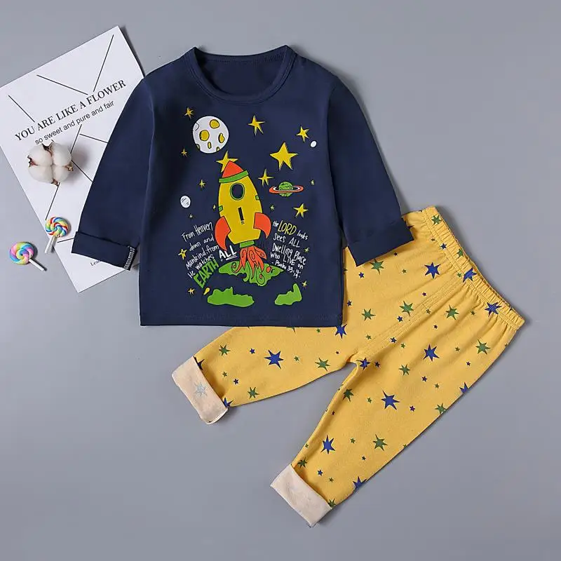 PJC168 Navy rocket Pyjama Enfant Fashion Pajamas Set Cartoon Baby Girl Clothes Autumn Boys Spiderman Dinosaur Snow white pyjama meisje sleepwear - Цвет: PJC168 Navy rocket