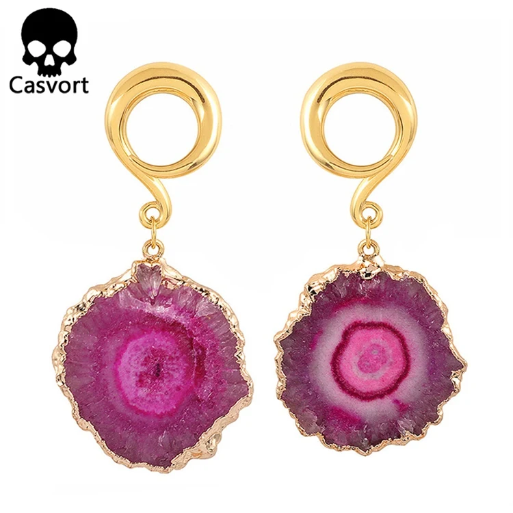 Casvort 2 шт нерегулярный натуральный камень затычки для ушей и туннели тела для пирсинга, из нержавеющей стали расширители ушей пара