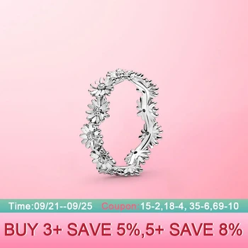 

Genuine 925 Sterling Silver Sparkling Daisy Flower Crown Finger Ring For Women Original Silver Jewelry Best Gift