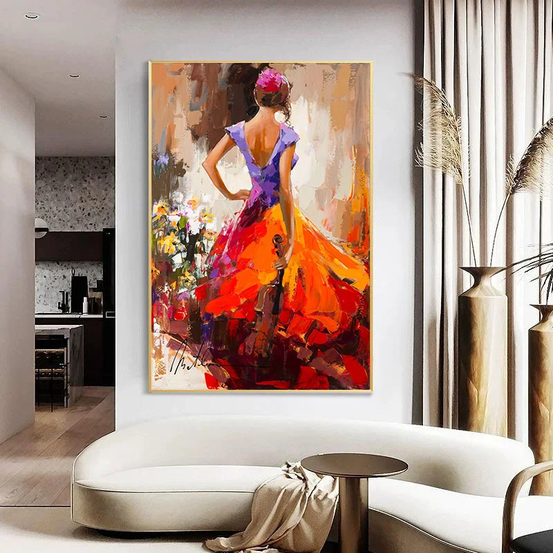 Cuadros abstractos de Arte de pared para sala de estar, pintura en lienzo  de estilo óleo de color brillante, bailarina de Flamenco caliente, póster  de