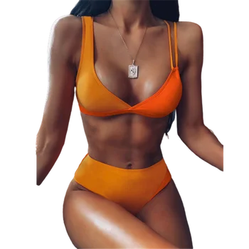 

Patchwork Orange Bikini Woman Push Up String Strapless Swimsuit Padded Swimwear Ladies Beach High Waisted Biquini Colorblock