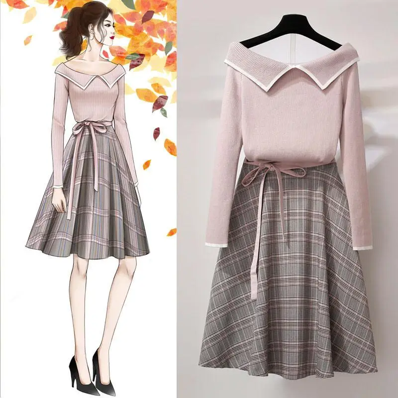 Осенний модный комплект из 2 предметов свитер с v образным вырезом + клетчатая