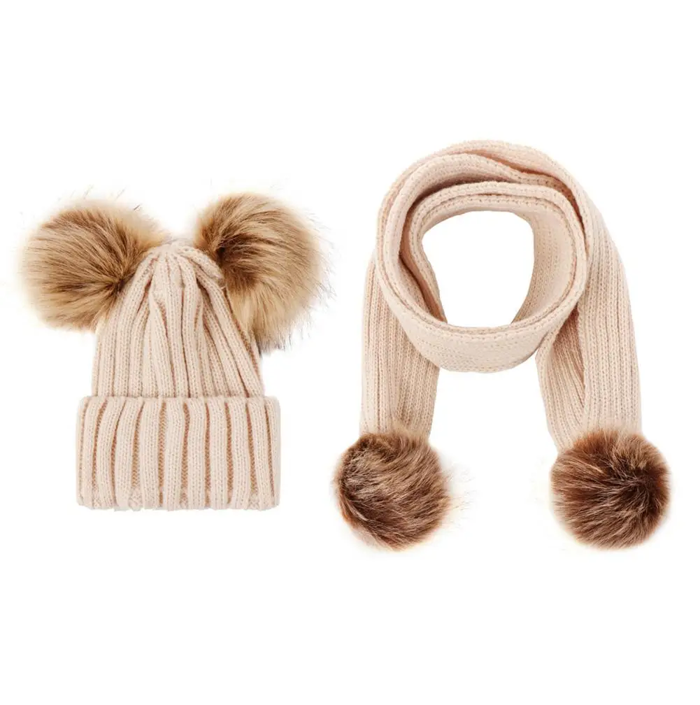 Beige Set 1/2 предмета, Зимний милый мягкий удобный теплый шарф из искусственного меха с помпоном, теплая вязаная шапка, шерстяная шапка, Детские шапочки, рождественские шапки - Цвет: Beige Set