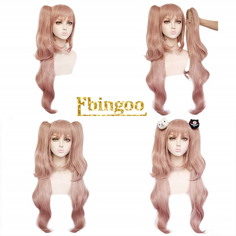 Ebingoo Danganronpa Enoshima Junko Wig Double Ponytail Pink Synthetic Cosplay Wig Long Natural Wave Wig with Bangs+Hair Cap