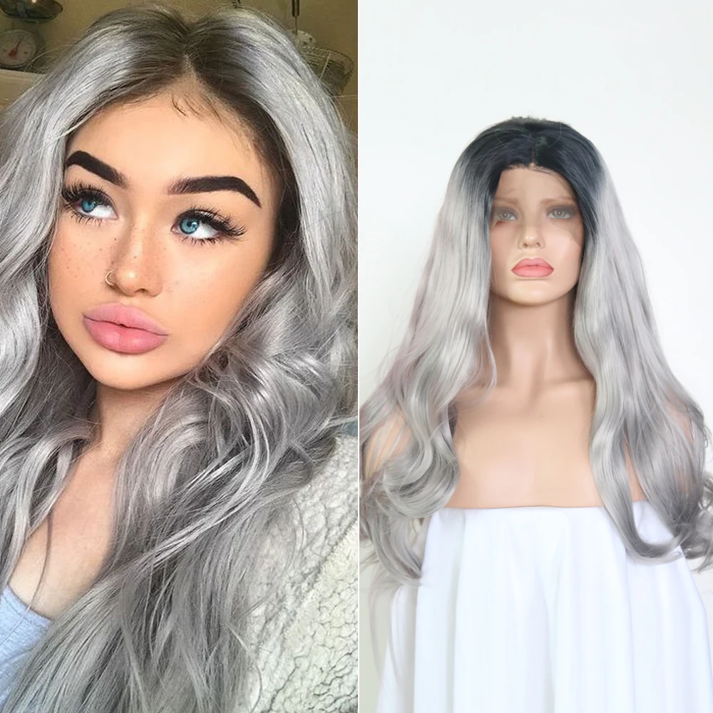QUINLUX WIGS Grey Ombre Long Wavy Silver Wig For Black Women Synthetic Lace Front Hair Lolita Wigs Cosplay Heat Resistant Fiber | Шиньоны и