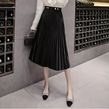 Зимние женские юбки, черная трикотажная плиссированная юбка с высокой талией, миди юбка с пуговицами, длинная юбка, повседневная одежда