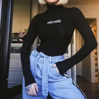 

Letter Print Bodysuit Women Casual Slim Bodysuits Autumn Turtleneck Long Sleeve Slim Top Bodyl