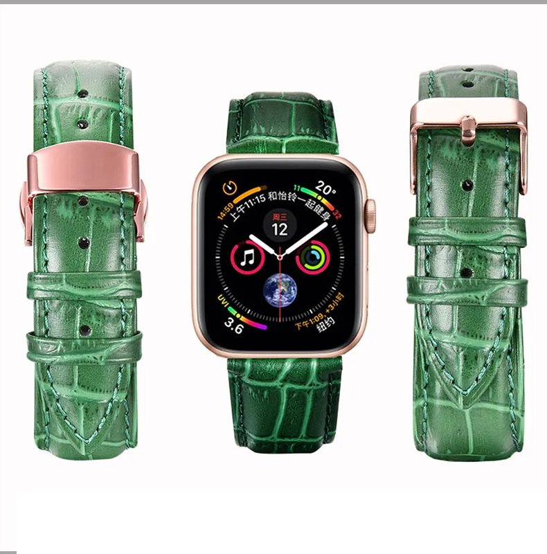 Ремешок из натуральной кожи для Apple Watch 44, 42, 38 мм, зеленый крокодиловый ремешок из воловьей кожи iwatch Series 5, 4, 3, 2, 1, браслет с пряжкой-бабочкой