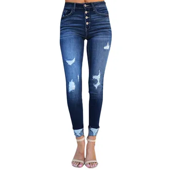 

Autumn winter skinny jeans new Fashion Women Button Ripped Zipper Pocket Trousers Jeans Casual Denim Pants Y919