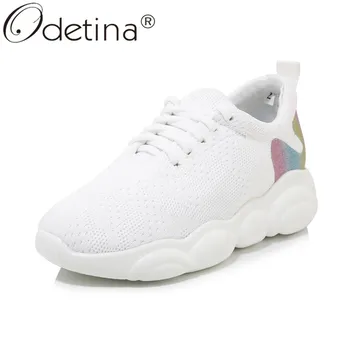 

Odetina Womens Outdoor Platform Flat Casual Shoes Soft Sole Knitted Comfort Lace Up Dad Shoes Female Chunky Sneakers Big Size 43