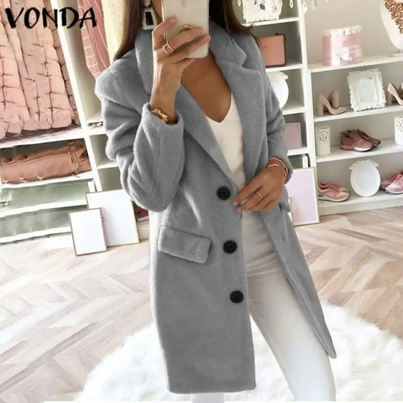 VONDA, женское осенне-зимнее приталенное пальто,, Женский Повседневный Тренч, пуговицы, карманы, длинное пальто, офисное Женское пальто размера плюс S-5XL