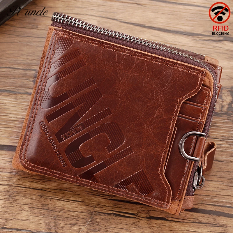 Короткий кошелек мужской RFID на молнии тонкий кожаный складной бумажник с застежкой винтажный клатч для