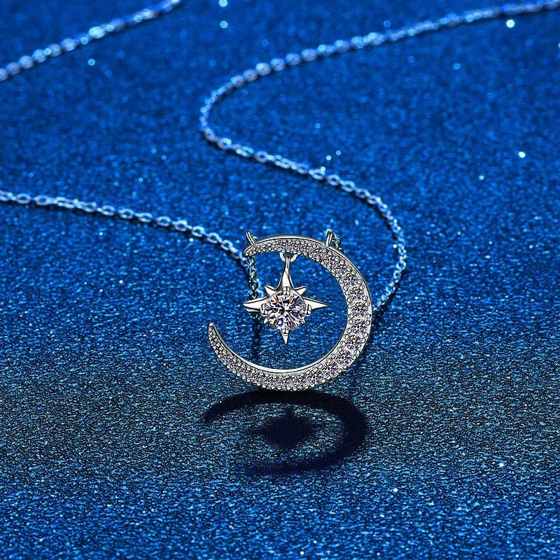 Real VVS1 Moissanite Necklace For Women 925 Sterling Silver Moon Star 0.3 CT GRA Diamond Pendant Necklace Bridal Fine Jewelry - Image 4