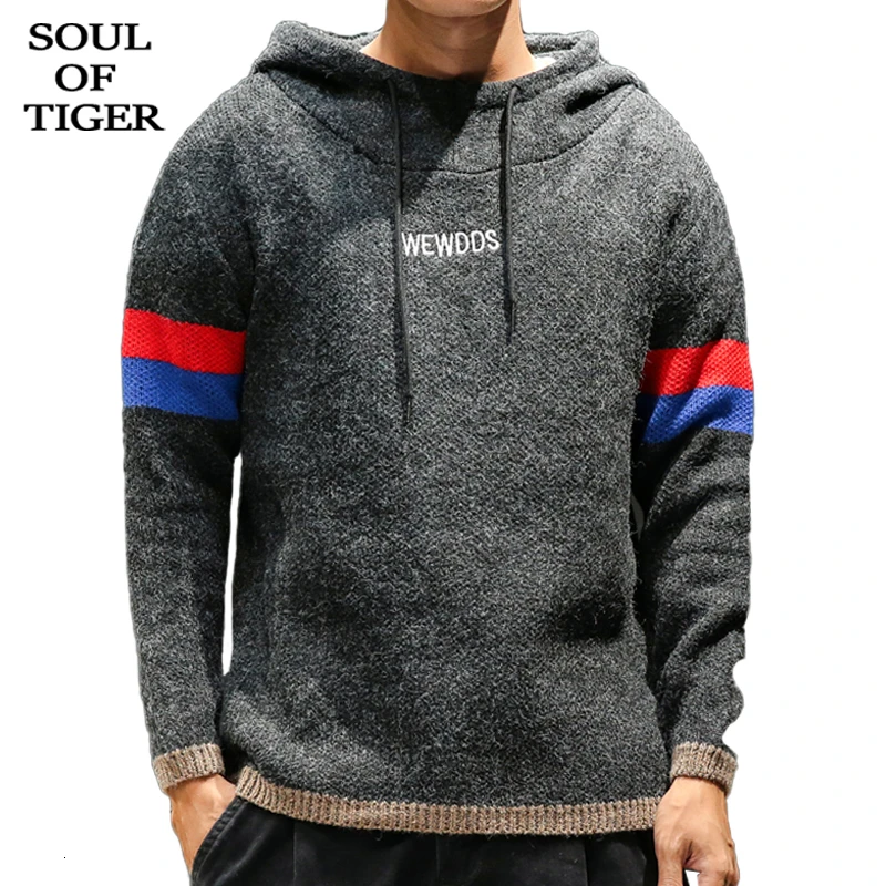 SOUL OF TIGER Новые корейские модные мужские повседневные свитера с капюшоном Мужские Винтажные Лоскутные пуловеры зимняя теплая вязаная одежда