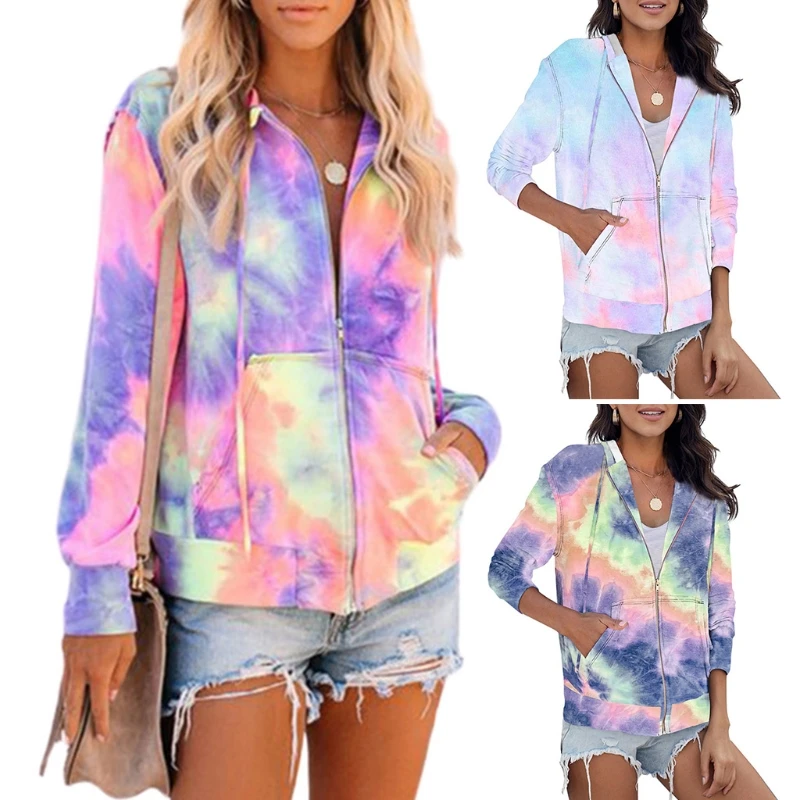 

Women Long Sleeve Hooded Coat Colorful Tie-Dye Loose Zipper Sweatshirt Jacket