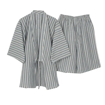 

Men's kimono pajamas stripe Cotton Comfortable crepe casual pajama Set
