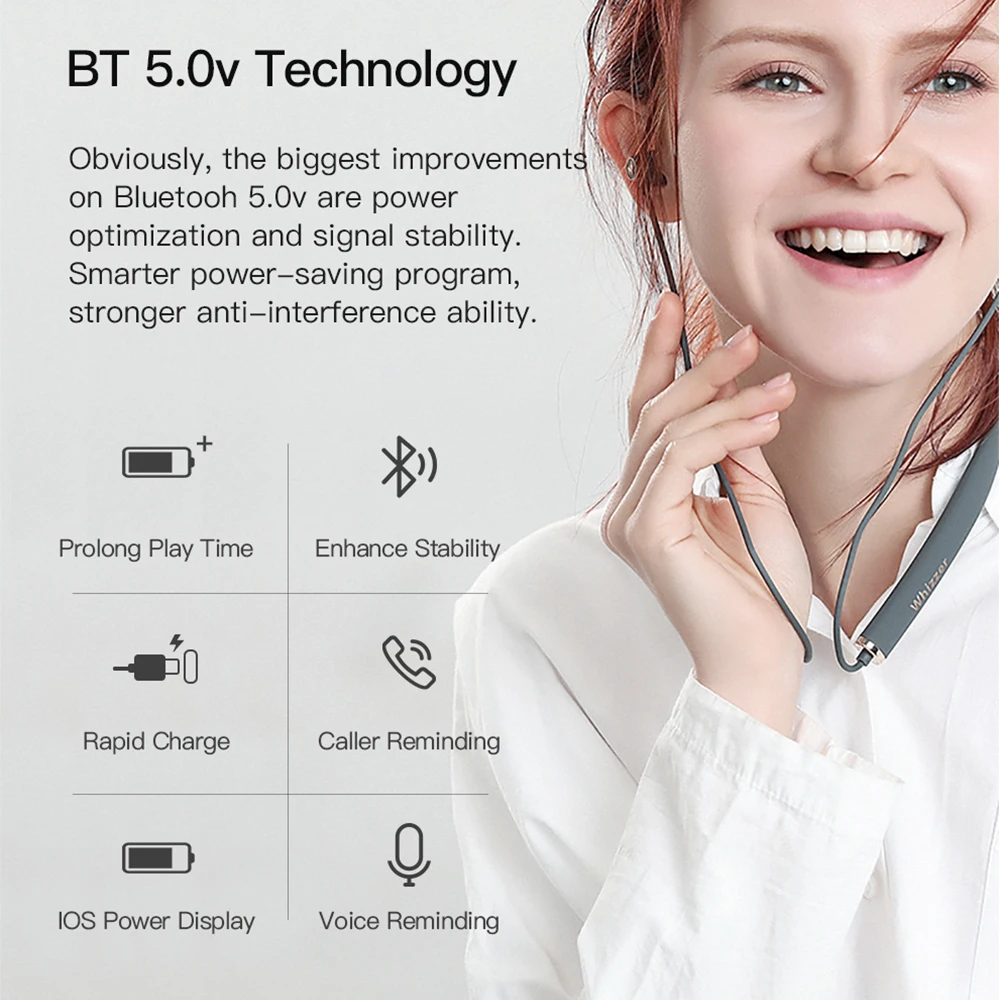  Whizzer AM1E HiFi Wireless Bluetooth Earphones Waterproof Neckband with Mic Control for Android IOS