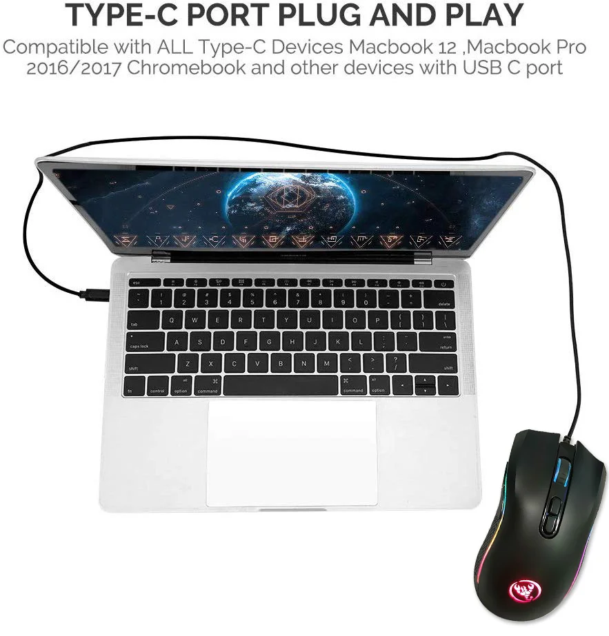 HXSJ, новая TYPE-C, проводная мышь, 7200 dpi, игровая мышь, 7 клавиш, программирование макросов, RGB подсветка, игровой плеер, ПК, ноутбук, черный цвет