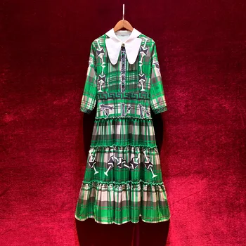 

New French-style retro doll dress in early autumn of 2019 with slim and age-reducing Green Plaid print