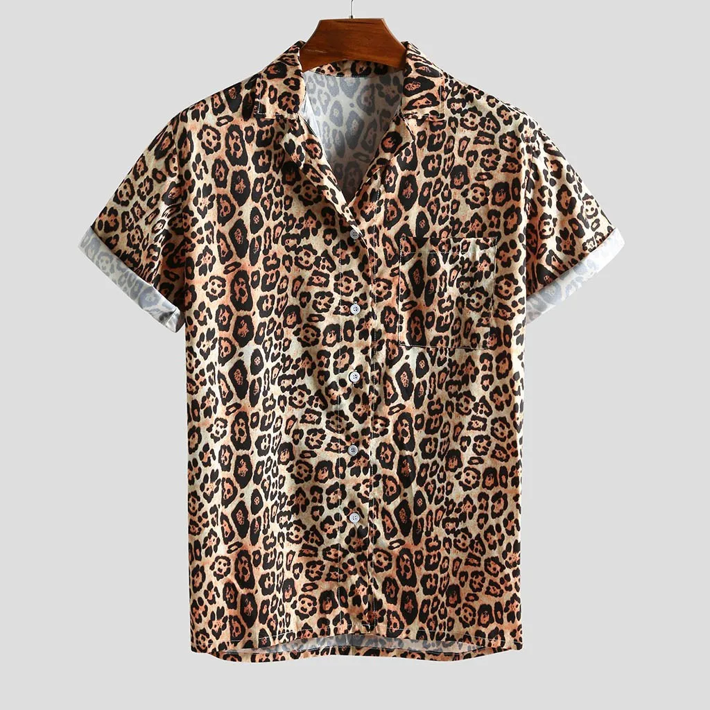 Brwon Chemise Homme, мужская хлопковая льняная рубашка с отложным воротником, леопардовая мода, короткий рукав, Свободная Повседневная рубашка, Мужская блузка - Цвет: Brwon