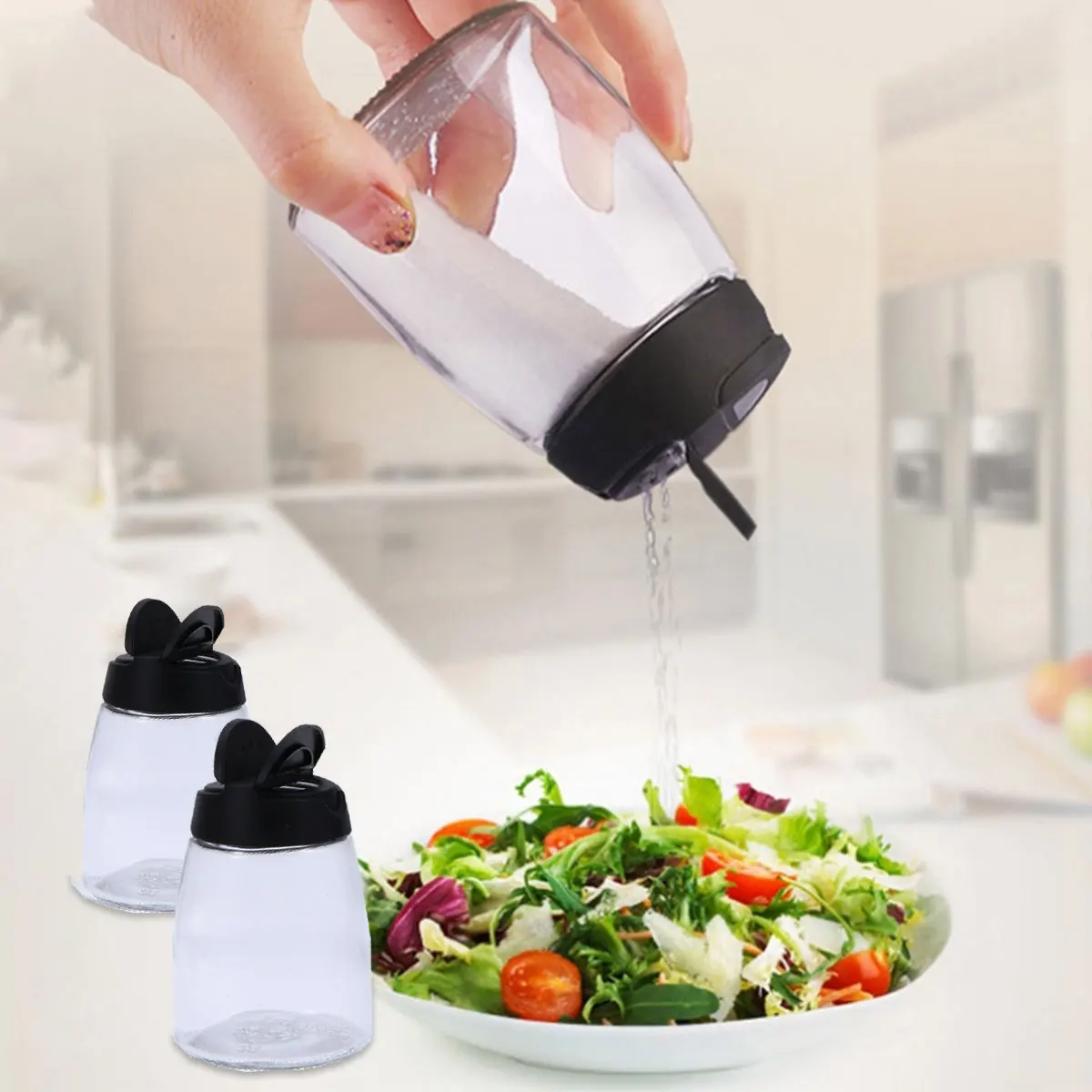 

2PCS Double Cover Glass Seasoning Bottle Spice Pot Pepper Shakers Salt Jar Condiment Containers Cruet for Barbecue Kitchen