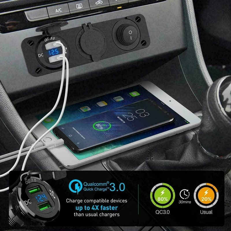 Универсальный автомобильный двойной USB Зарядное устройство для смарт мобильный телефон Вольтметр+ гнездо для автомобильного прикуривателя+ переключатель Панель Водонепроницаемый аксессуары
