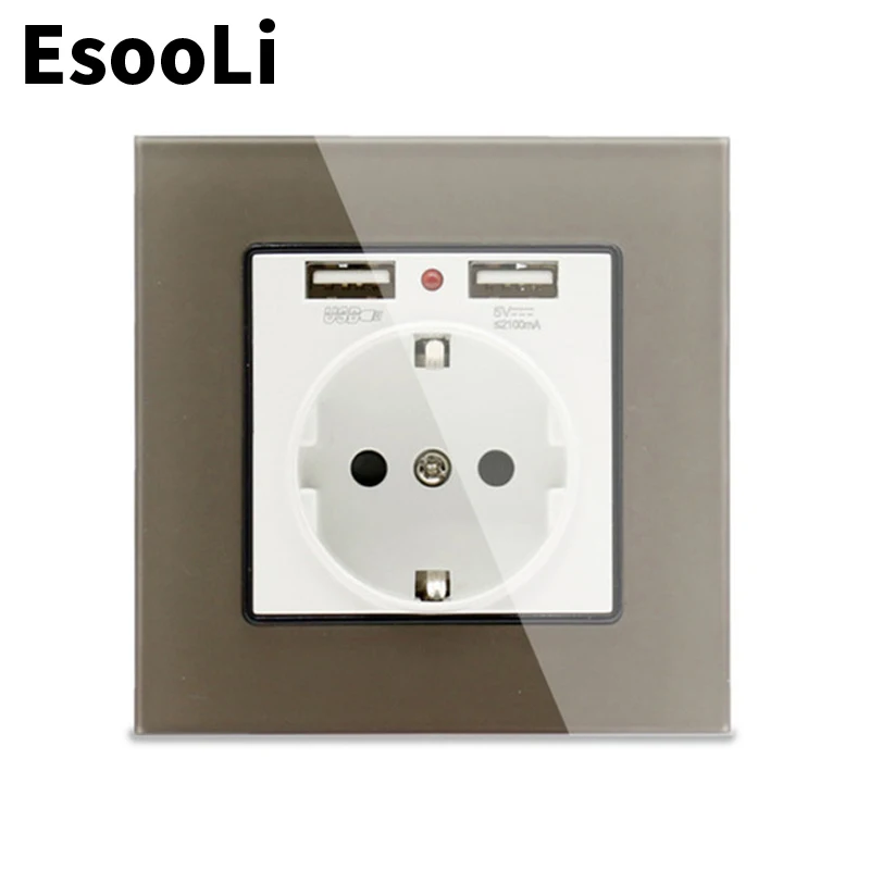 Розетка стеновая EsooLi стеклянная с двумя USB портами 2 1 А 16 А|Электрические розетки|
