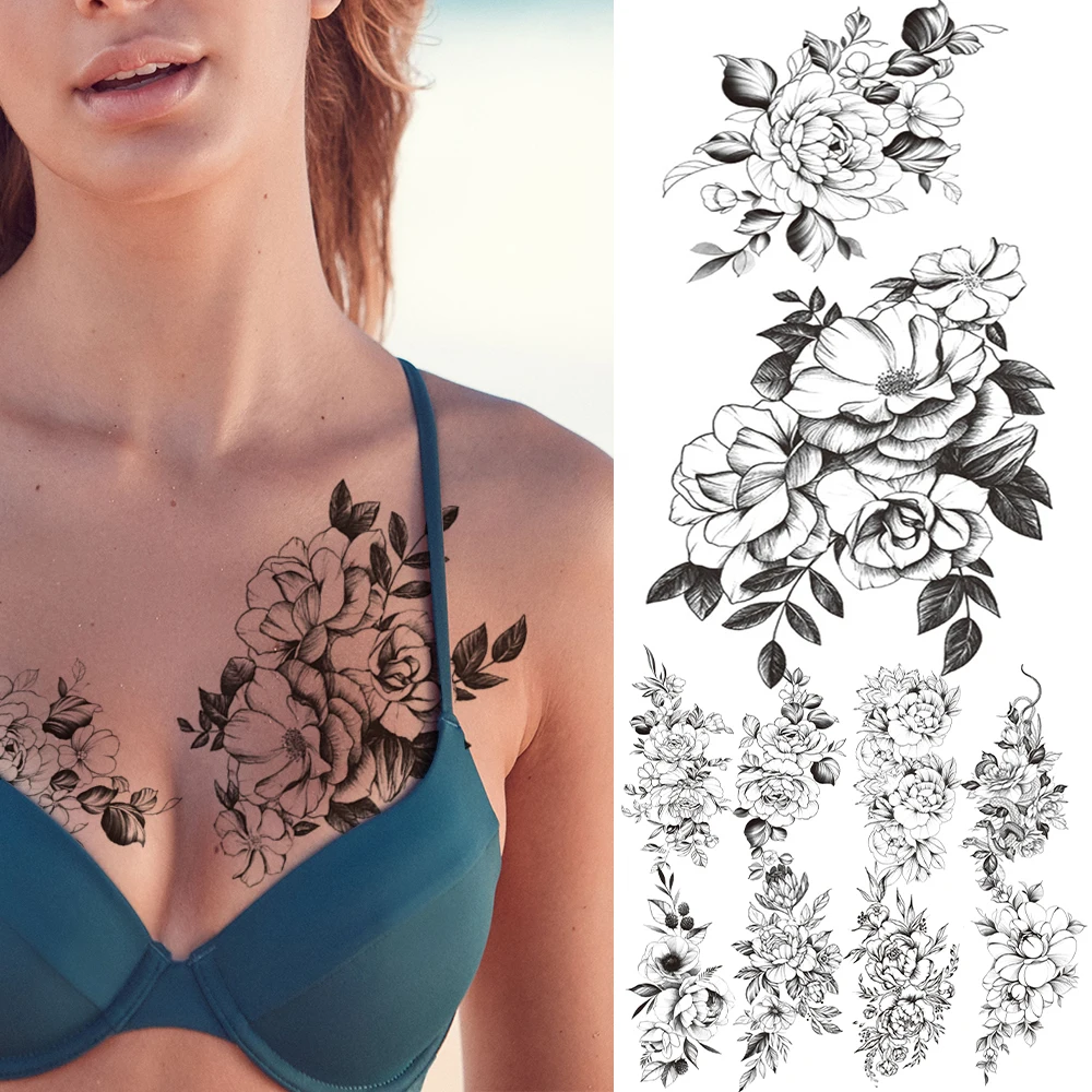 

Sexy Peony Realistic Fake Temporary Tattoos For Women Lady Black Rose Snake Tattoo Sticker DIY Body Art Front Breast Tattos Arm