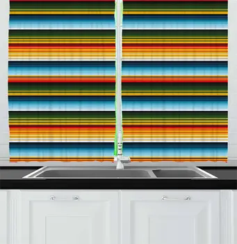 

Striped Kitchen Curtains Mexican Inspirations in Hand Made Horizontal Lines with Woven Ornamental Style Window Curtain
