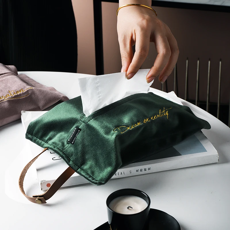 

Ins Style Velvet Paper Facial Tissue Box Cover Holder with Strap For Bathroom Bedroom Car Vanity Countertops Desks
