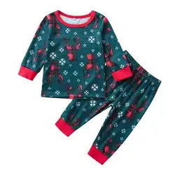 Комплект осенней детской одежды из 2 предметов для мальчиков и девочек, топ с длинными рукавами и принтом «Лось Снежинка» + штаны, одежда