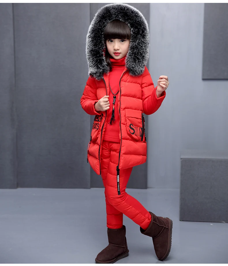 Girls Clothing Sets For Russia Winter Hooded Warm Vest Jacket top Cotton Pants 3 Pieces Set Kid Girl Cotton Coat Fur Collar Hood