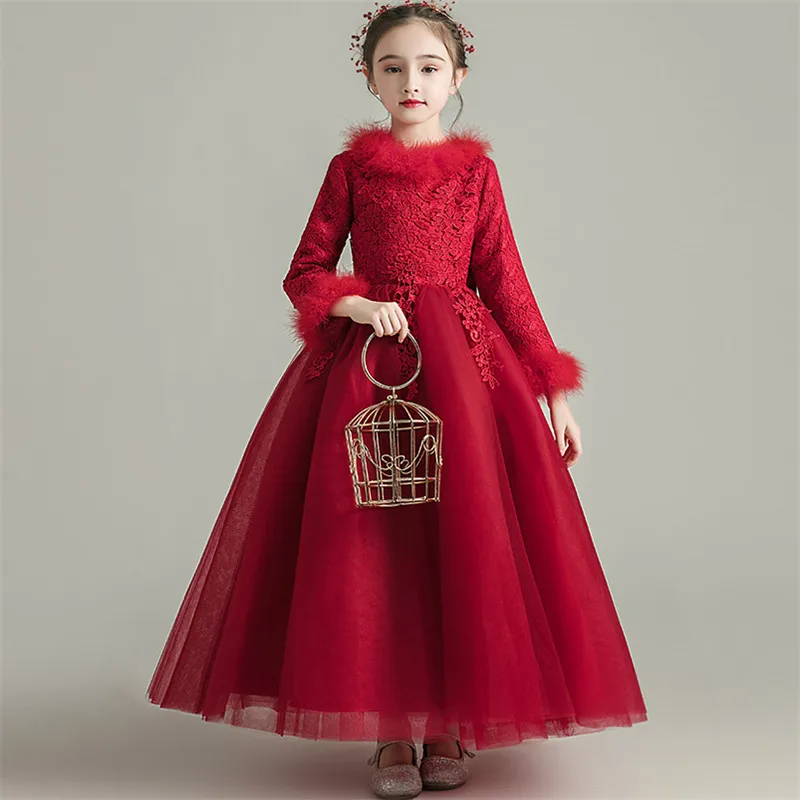 Элегантный ветро-красный/белый Цвет вышивка кружевное свадебное платье для вечеринки, дня рождения принцессы Сетчатое платье для девочек Дети пианино платье на выход