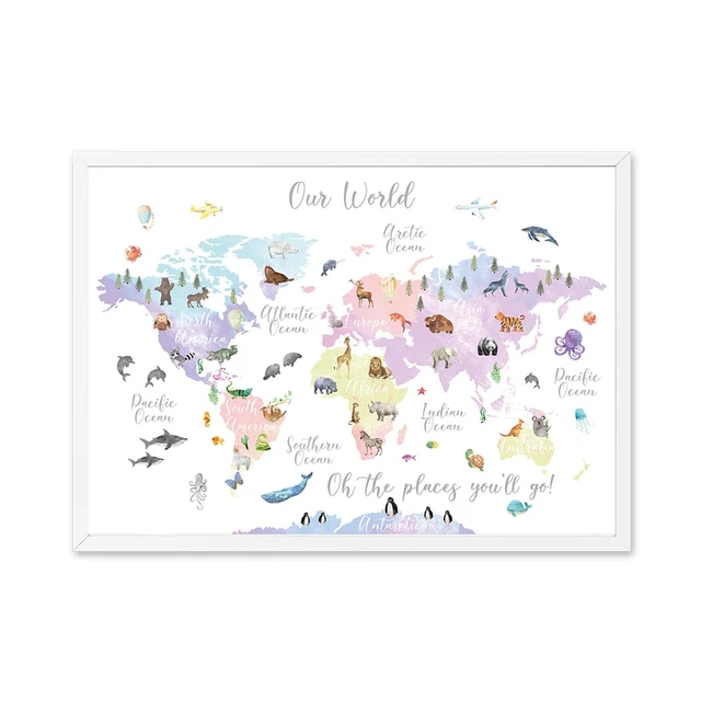 Educational Animal World Map Picture Children Poster Nursery Wall Art Canvas Print Painting Baby Kid Bedroom Playroom Home Decor f