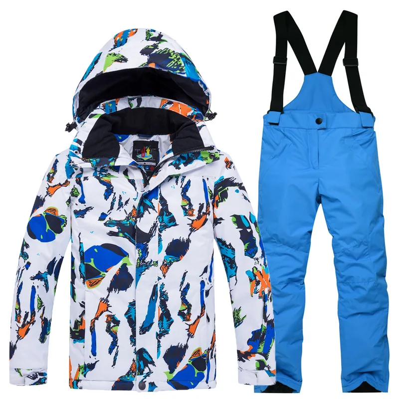 Детский лыжный костюм зимний водонепроницаемый спортивный костюм для катания на лыжах с капюшоном для мальчиков теплая ветрозащитная куртка для катания на лыжах - Цвет: White blue blue